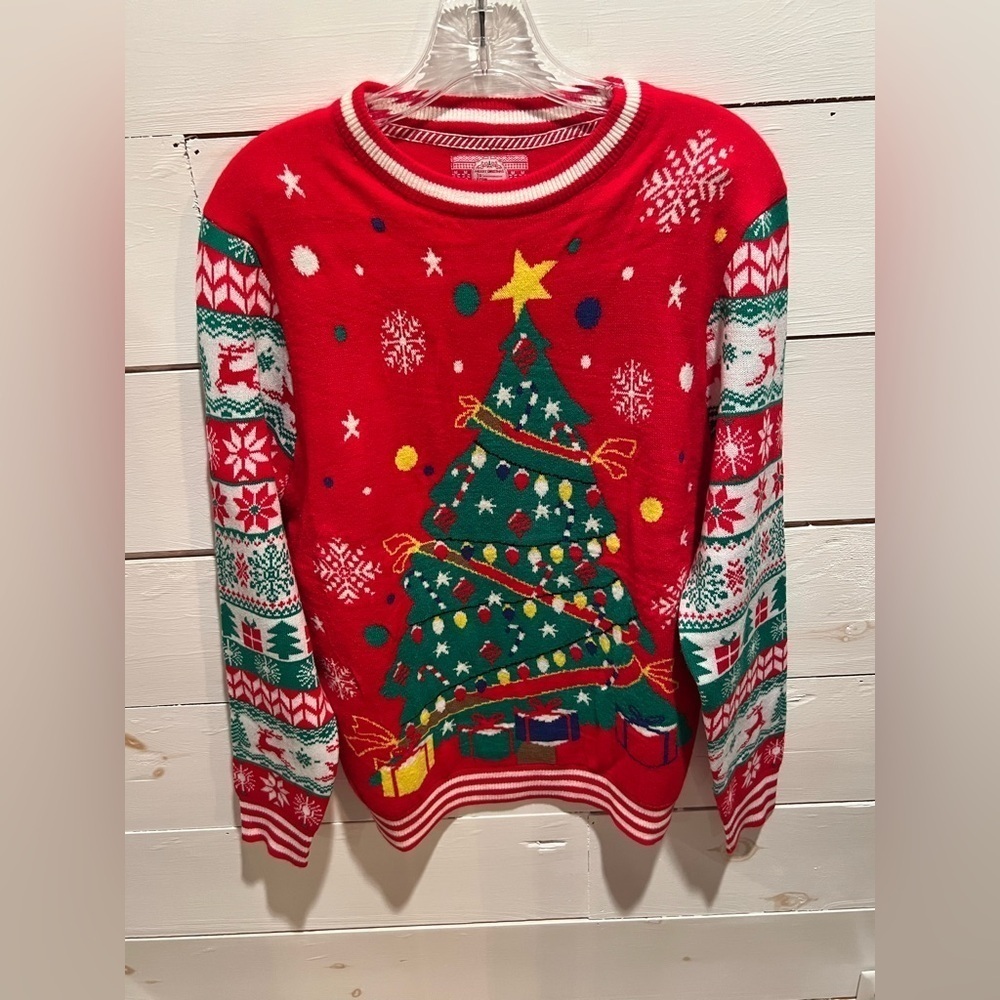 SoCal Look Festive Red Ugly Christmas Tree Sweater, medium, EUC, holiday, party